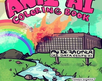 May include: A colouring book cover titled THE ANTI-AI COLOURING BOOK in pink letters. It features a burning building labelled AI DATA CENTRE, a rainbow, a stream, and a logo for SENOIA GEORGIA LUB ART with a bearded character illustration.