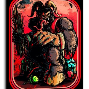 May include: A framed print featuring a Krampus illustration. The artwork depicts a horned, demonic figure with a long tongue, holding a bundle of birch branches. The color palette includes red, black, and brown tones, with a decorative border.