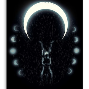 May include: A silhouette of a person standing in front of a large crescent moon with a ring of smaller moons around it. The background is dark and there is a light rain falling.