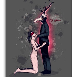 May include: A digital illustration of a person wearing a deer skull mask and antlers, in a suit, standing over a person with a blindfold, kneeling on the ground. The background is a dark grey with red splatter paint. The text "say please..." is written in white on the right side of the image.