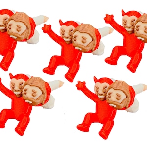 May include: Five red devil figurines with brown and beige faces and white wings are shown. The figurines are in a playful pose, with arms outstretched. These figures are likely decorative items or toys.