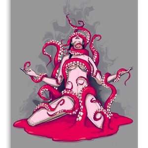 May include: A digital illustration of a woman with an octopus wrapped around her body. The octopus is red and the woman is nude. The background is gray with a red liquid.