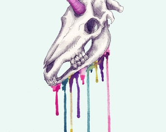 May include: A white unicorn skull with a pink horn, dripping with colorful paint. The skull is drawn in a detailed style, and the paint is dripping down in a realistic way. The background is a light blue.