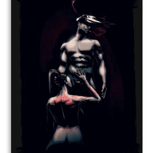 May include: A black and white digital painting of two figures in a dark setting. The figure on the left is a woman with red markings on her body. The figure on the right is a man with a deer skull on his head. The man is looking down at the woman.
