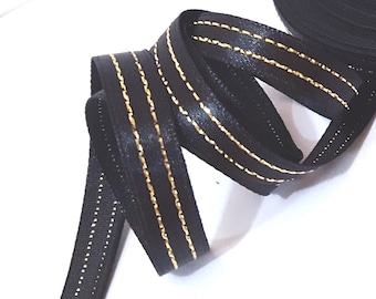 3/8 inch / 1cm - 32yds Black with Light Gold Metallic Stitched Nylon Satin Ribbon -Hanger Loop Wrap Party Decoration Hair Accessories S73