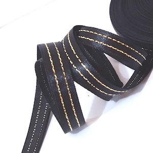 3/8 pouces / 1cm - 32yds Noir avec or clair Métallisé Cousu Nylon Satin Ruban -Hanger Loop Wrap Party Décoration Accessoires de cheveux S73