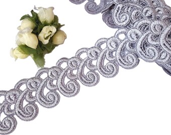 1-7/8 inch / 47mm width - 3 yds - 5 yds Thick Embroideries Sea Waves Silver Gray Lace for Evening Gown Need Sew On L542