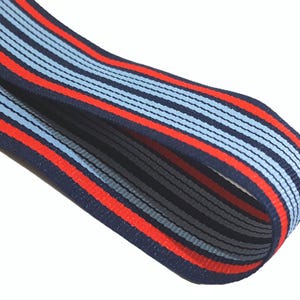 May include: A close-up of a blue and red striped ribbon. The ribbon is made of a woven fabric and has a subtle sheen.