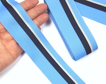 Almost 1-5/8" / 4cm width - 5 yds - 20 yds Capri Blue/ Navy Blue / Gray Stripes Grosgrain Ribbon Wrap Binding Tape Cloth Sew GR44