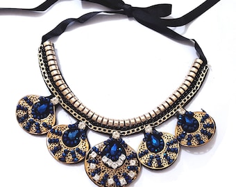 1pc Gold Tone Blue Glass bead Clear White Rhinestone /Gold Metallic on Black Felt patch Neckline Collar Lace Patch Appliques Sew on A284
