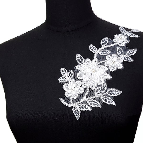 1 pc Bridal White Beaded Sequin Collar Neckline Lace Patch Appliques Motif Crafts Supply Front Panel NEED sewing A221 B