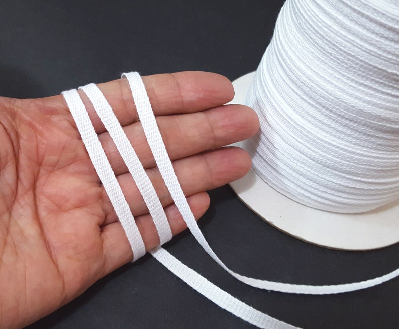 May include: White cotton cord, approximately 1/4 inch wide, is shown in a hand and on a spool. The cord is a flat, woven type of cord.