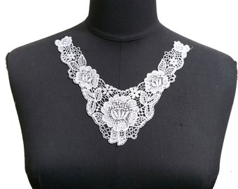 1 pc White Crochet Neckline Collar Lace Patch Motif Appliques Front / Back Panel Need Sewing A321