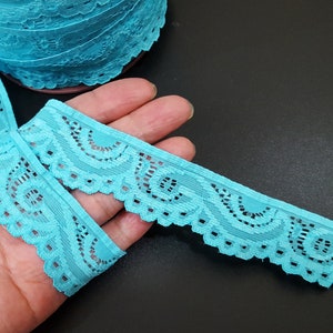 1-1/4 inch /3cm width  - 5 yds - 10 yds  Cyan Blue Scalloped  Polyester Stretch Lace  Elastic Lace Need Sew On L814