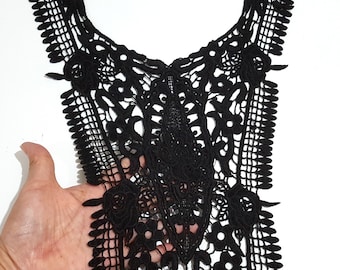 1 pc Black Cotton Crochet Neckline Collar Lace Patch Motif Appliques Front / Back Panel Need Sewing A254