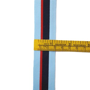 May include: A light blue ribbon with a red and black stripe. The ribbon is measured with a ruler that reads "INCH 1 CM2" and "POLYESTER 2 REINFORCED 3 MAD".