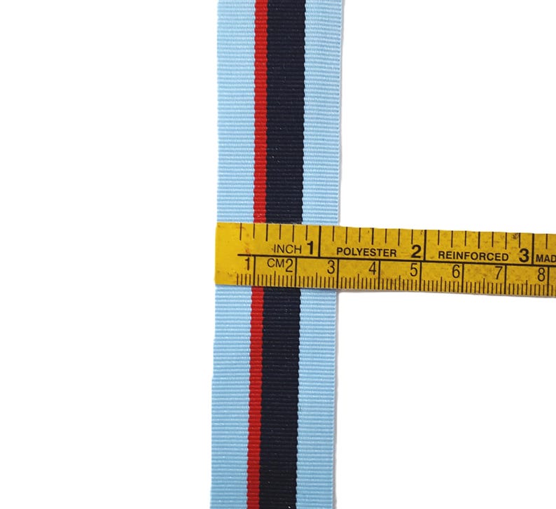 May include: A light blue ribbon with a red and black stripe. The ribbon is measured with a ruler that reads "INCH 1 CM2" and "POLYESTER 2 REINFORCED 3 MAD".