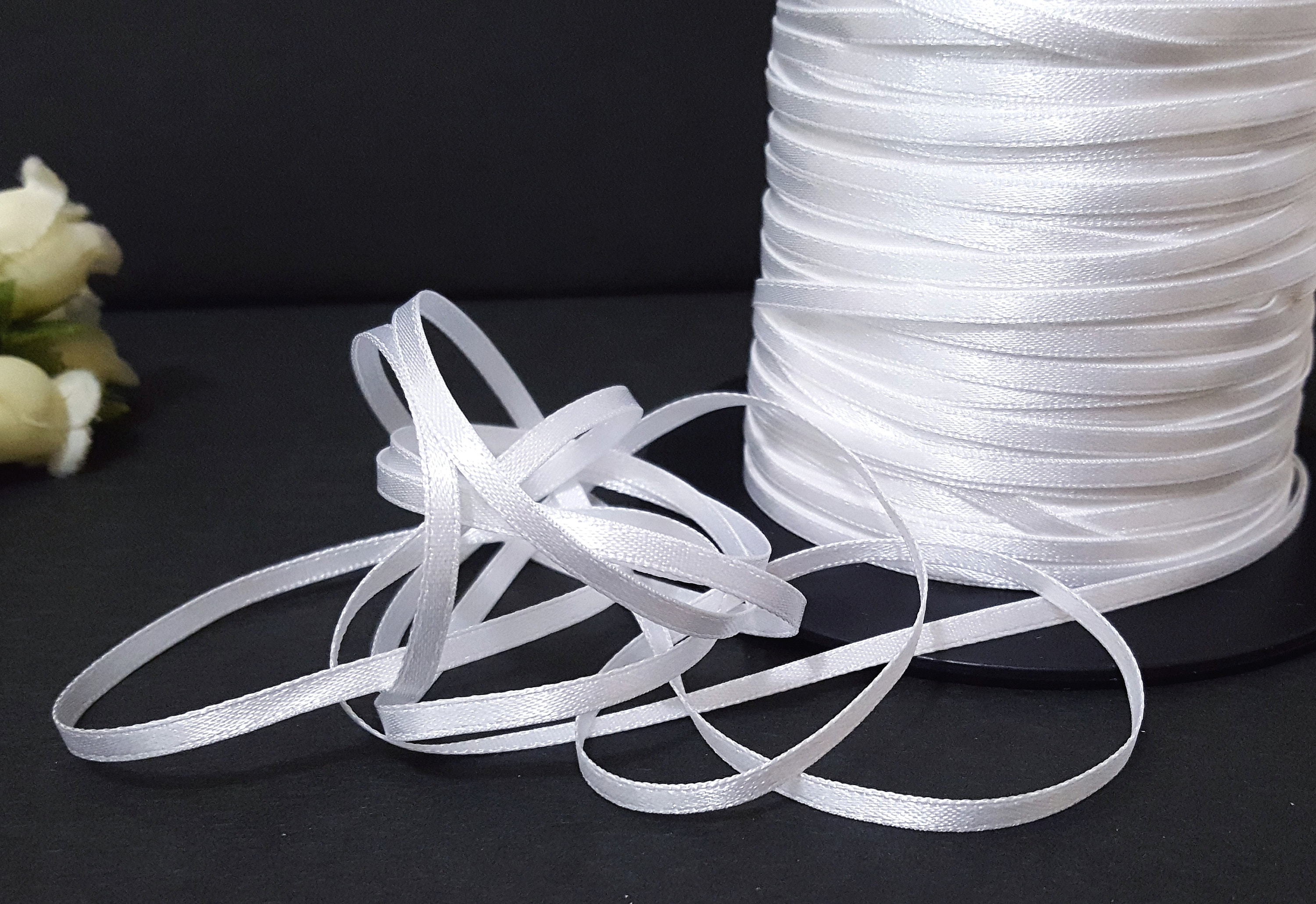 1/8 Inch / 3mm Wide 50yds 330 Yds Narrow White Nylon Satin Ribbon Double  Faced, Hanger Loop, Card Making, Wrap Party Decoration S15 