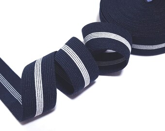 3/4 inch / 2cm wide- 5yd - 10yd Dark Blue /Navy Blue (near Black) with White Stripe Waistband Elastic Band thickness 0.7mm, Need Sew On EB26