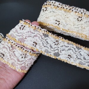 1-3/4" / 45mm width  - 3 yds - 5 yds Beige Elastic Lace Stretch Lace Trim with Beige Sequin & Copper Bead Craft  Need Sew On L555