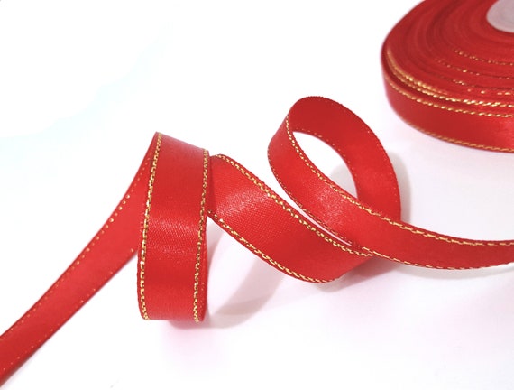 1/2 Inch / 13mm Wide-32 Yds/ 29mts Red With Gold Metallic Stitched Nylon Satin  Ribbon Single Faced Card Making, Gift Packing Decoration S103 