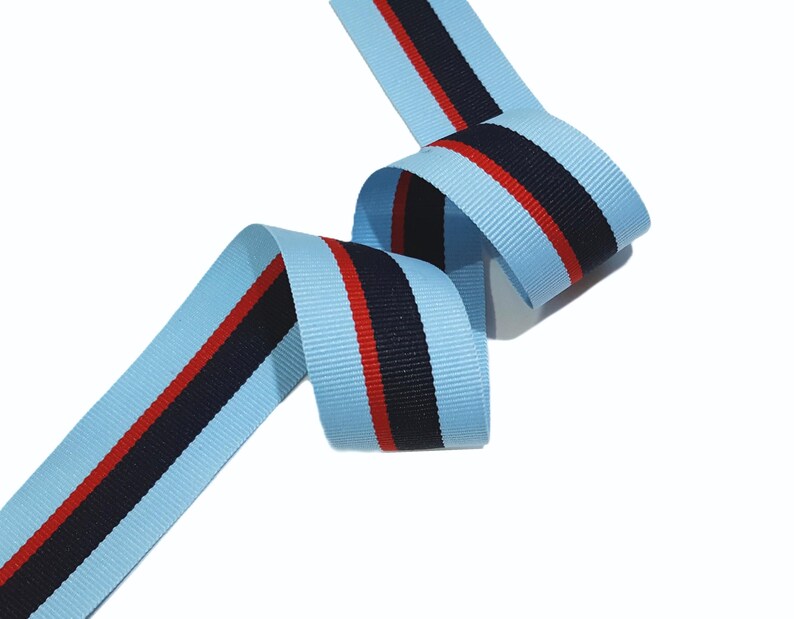 May include: Light blue ribbon with red and navy blue stripes.