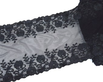 9-1/2 inch / 24cm width  -  Un Stretch & Sheer Black Scalloped Embroideries Tulle Net Mesh Lace for Evening Gown Need Sew On L767