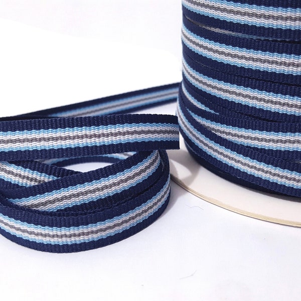 3/8" 1cm wide -5yds-100 yds Blue Tone - Deep Blue with Light Blue, Grey Stripes Grosgrain Ribbon Polyester Binding Tape Wrap Cloth Sew GR12