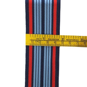 May include: Red, blue, and white striped ribbon measuring 1 inch wide. The ribbon is made of polyester and is reinforced.
