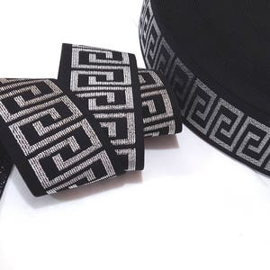 2 pouces / 5 cm de large -2yds-18yds Noir avec ceinture métallique argentée Bande élastique Un côté Grec Key Pattern Crafts Supply ,Besoin SewOn EB96