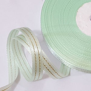 3/8 inch / 1 cm wide - 30yd / 27 mts Lt Green Pastel Green with Gold Metallic Stitched Nylon Satin Ribbon Hanger Loop Hair Craft, Wrap S76,