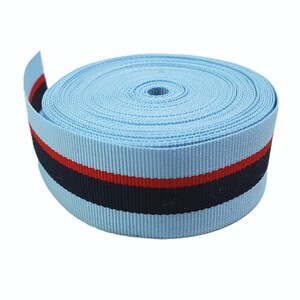 May include: A roll of light blue ribbon with a black and red stripe. The ribbon is approximately 1 inch wide.