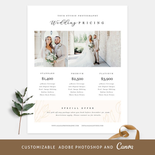 Wedding Photography Pricing Photoshop and Canva Template,Price Guide Canva Template,Photography Photoshop Price Sheet,Price List - PG030