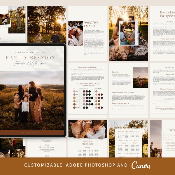 CANVA Family Photography style Guide magazine Template,Pre-written Family Session Welcome Guide Template,Photoshop price list CANVA template