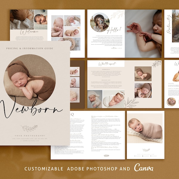 CANVA Newborn Photography style Guide magazine Template,Pre-written Newborn Welcome Guide Template, PSD Photoshop price list CANVA template