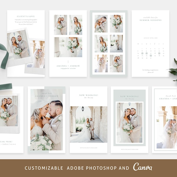 Wedding Instagram Story Bundle Instagram and Canva, Story Photoshop Template,Instagram Canva Template- Light Green IG015