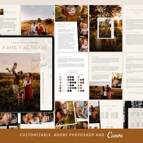 Bewerkbare Canva Photoshop-stijlgidssjabloon, fotografie wat te dragen, checklist voor familiesessies, stylinggids voor klanten, prijsgidsmagazine