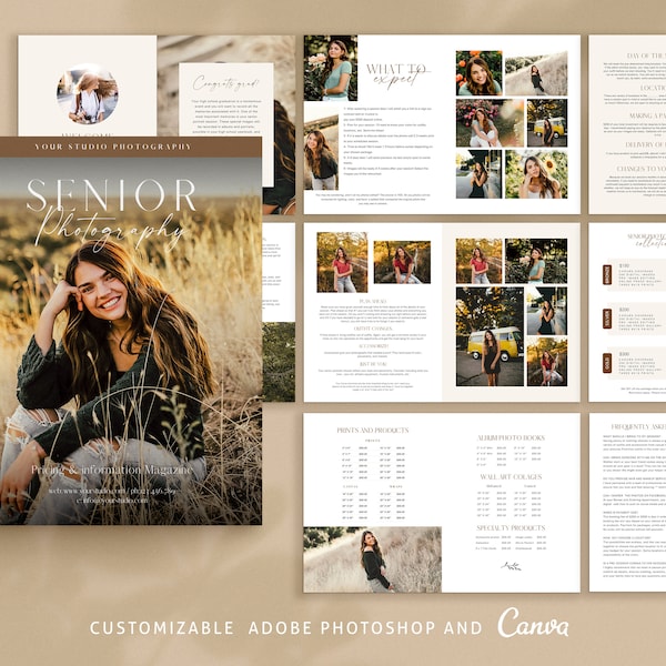 CANVA Senior Photography style Guide magazine Template, Graduation Photography Welcome Guide Template, Photoshop price list CANVA template