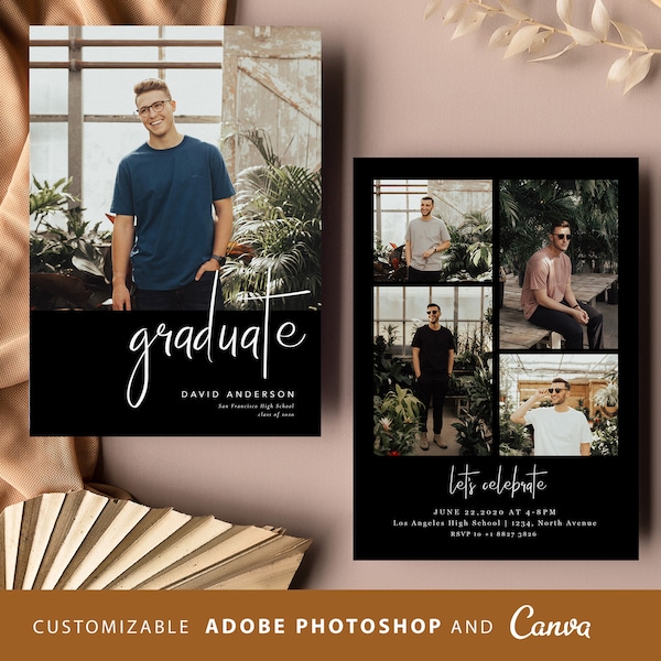 Modern Graduation Announcement CANVA PHOTOSHOP, Guy Minimalist Senior Announcement Card,Boys Graduation Party Template,Multiple Photo invite