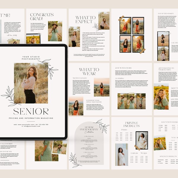 CANVA Senior Photography style Guide magazine Template, Graduation Photography Welcome Guide Template, Photoshop price list CANVA template