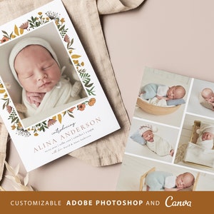 Birth Announcement Template , New Baby, Baby Announcement, Birth Announcement, Photoshop Template, Canva Template - Floral Frame BA066