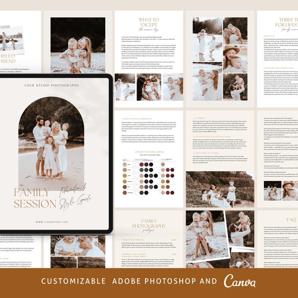 CANVA Familiefotografie stijlgids tijdschriftsjabloon, vooraf geschreven familiesessie welkomstgidssjabloon, Photoshop-prijslijst CANVA-sjabloon