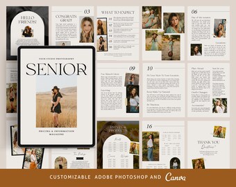 CANVA Senior style Guide magazine Template, Photography CANVA template, Graduation Photography Welcome Guide Template, Photoshop price list