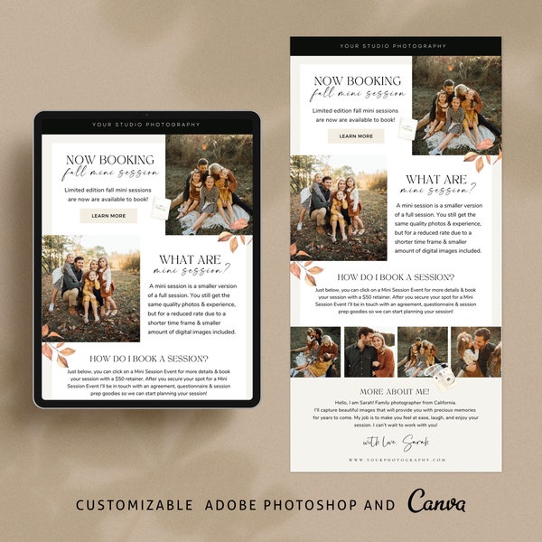 Family Photography Email Canva & Photoshop Template, Fall Email Newsletter Template, Email Marketing, Photoshop Template - EM023