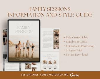 CANVA Family Photography style Guide magazine Template,Pre-written Family Session Welcome Guide Template,Photoshop price list CANVA template