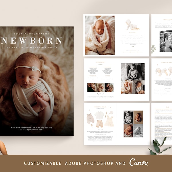 CANVA Newborn Photography style Guide magazine Template,Pre-written Newborn Welcome Guide Template, PSD Photoshop price list CANVA template