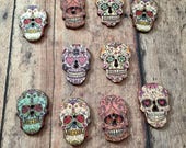 25 Wooden Sugar Skull buttons (random asstd.) - skull sewing supplies, wooden button findings, sewing notions, colorful skull buttons, B27