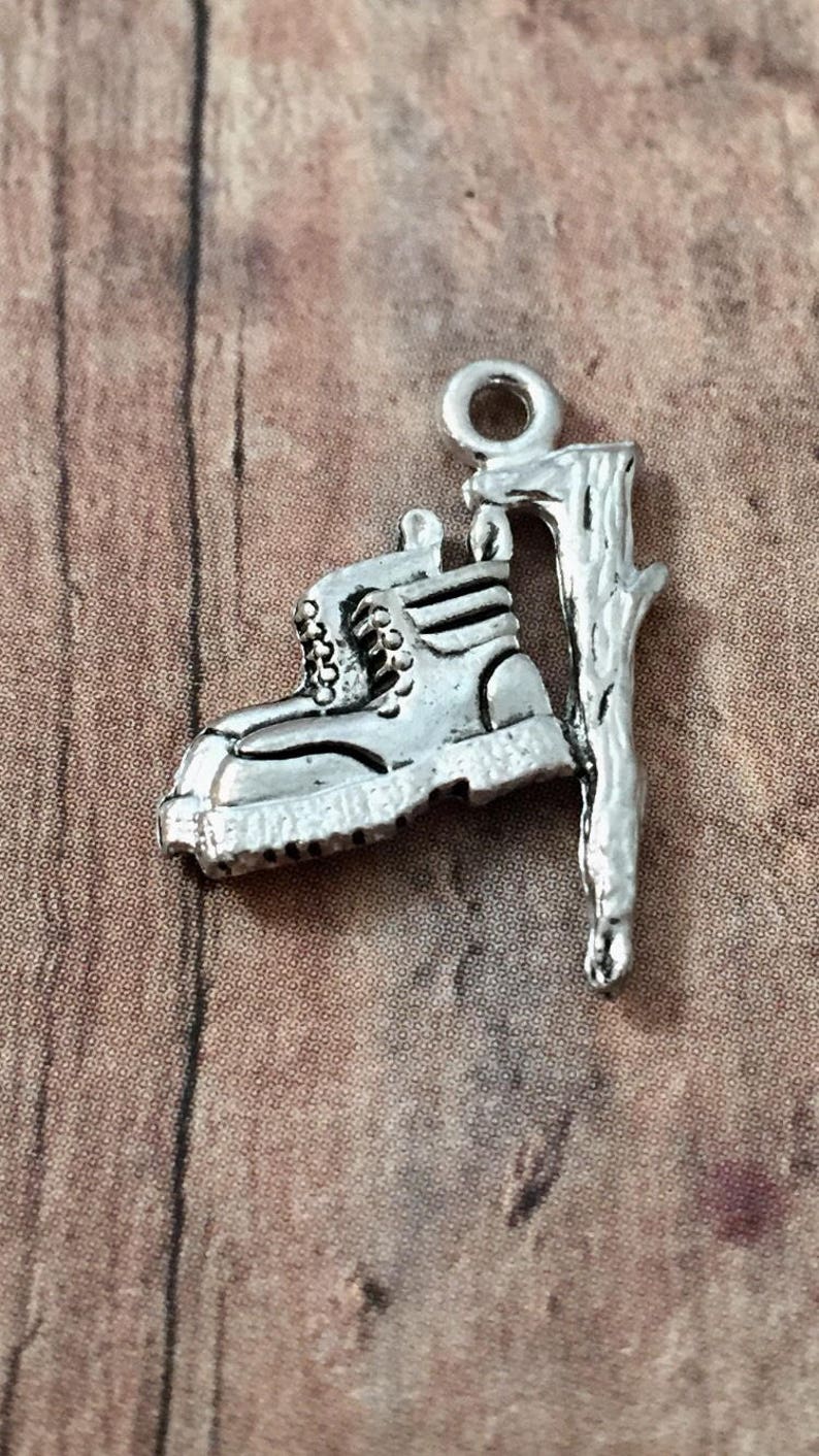 5 Hiking boots & walking stick charms pewter silver hiking Etsy