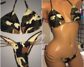 Kamouflage-bikini med kedjemönster, mikro-scrunch