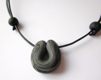 Cord necklace for him, black and grey mens pendant necklace, mens polymer clay pendant